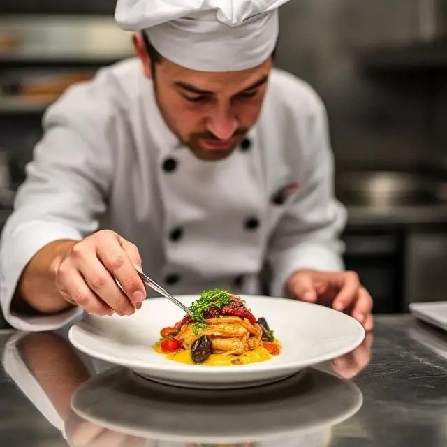 A chef carefully plating a dish with tweezers