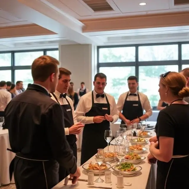 Catering staff in a pre-event briefing circle