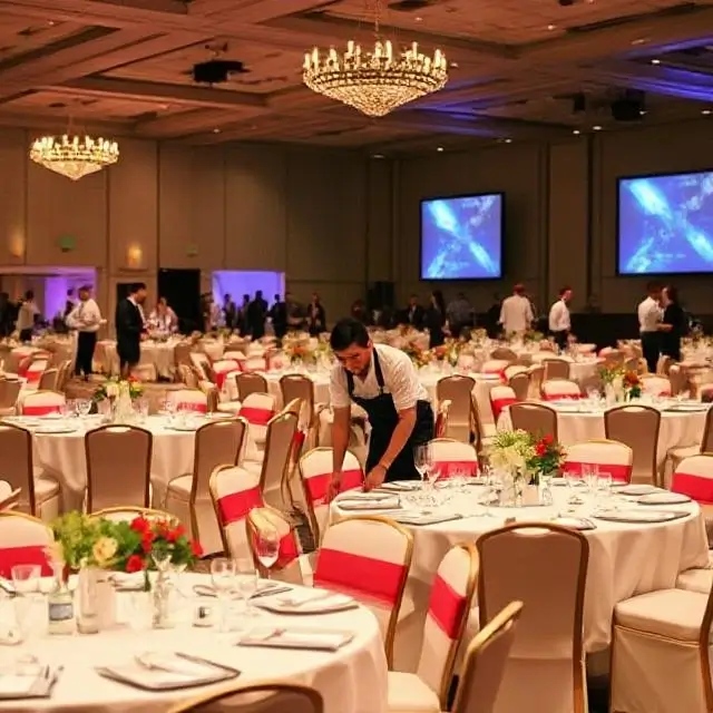 Staff carefully setting up tables for a large event