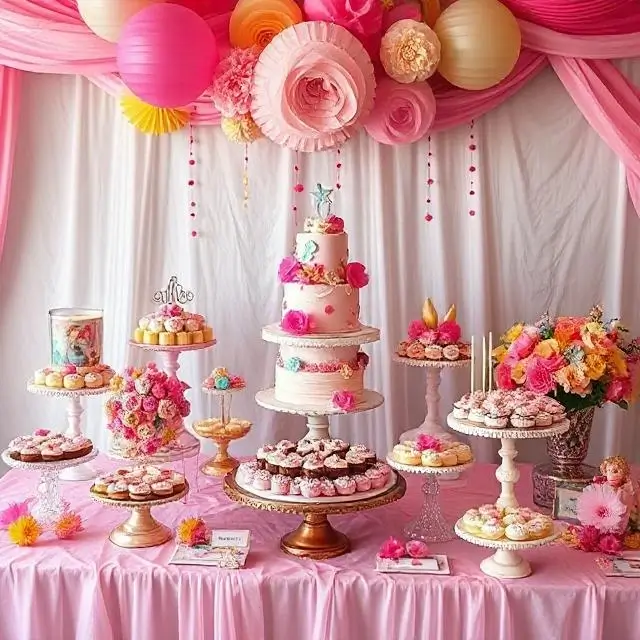 A lavish and colorful dessert table