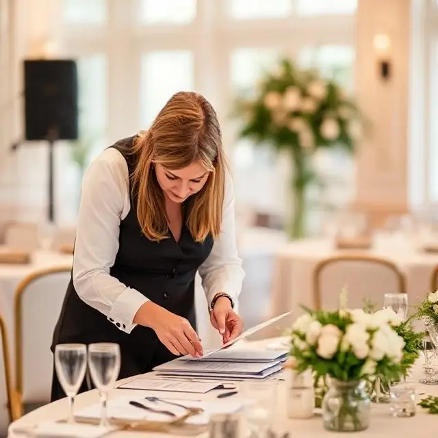 An event planner meticulously coordinating details with a tablet