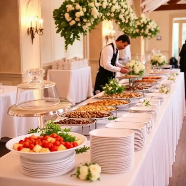 An elegant wedding reception table with catered food