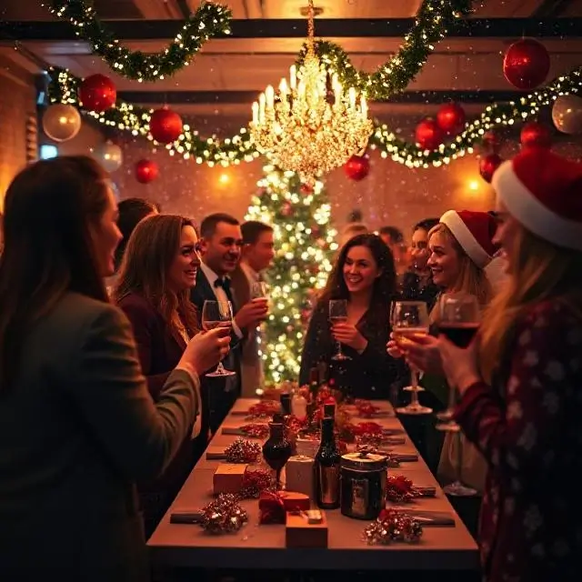 A festive corporate holiday party with catered food