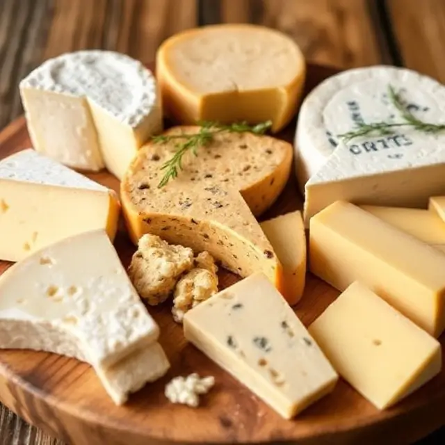 A selection of local artisan cheeses on a rustic board